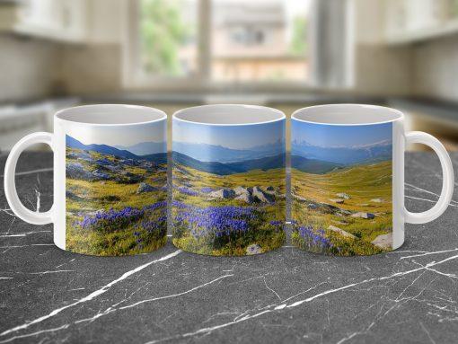 Beautiful Landscape with Purple Flowers on Mugs
