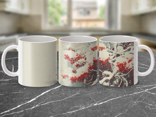 Beautiful Winter Scene with Red Berries Snowy Mugs