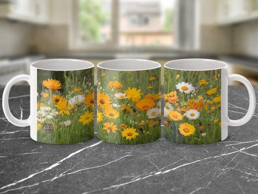 Beautiful Flower Field with Bees Design Mugs