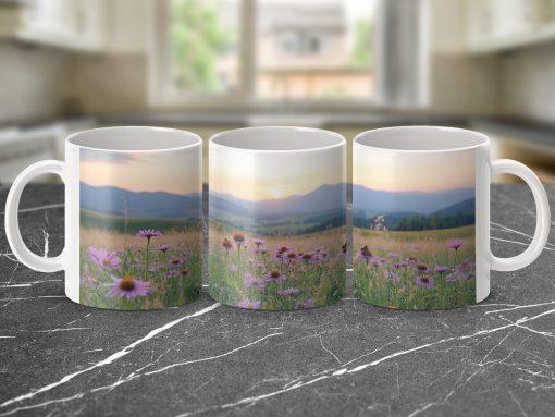 Beautiful Sunrise Over Field of Flowers Mugs