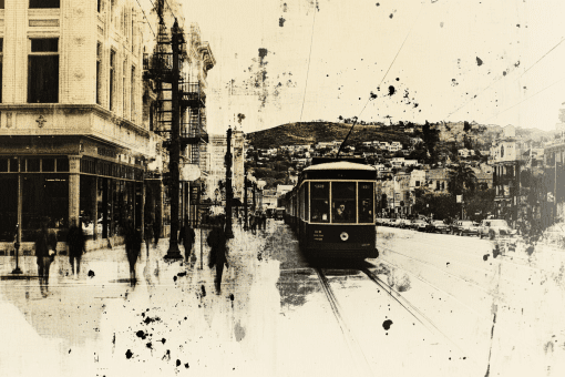 Vintage Street Scene with Historical Tram Canvas