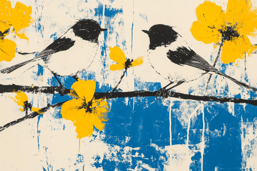 Bright Yellow Flowers with Chirping Blue Birds Canvas