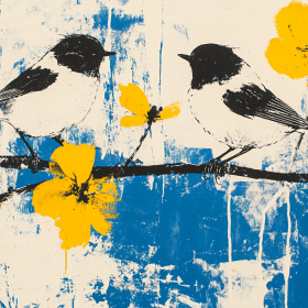 Bright Žuta Flowers Sa Chirping Plava Birds Canvas Bright Žuta Flowers Sa Chirping Plava Birds Canvas
